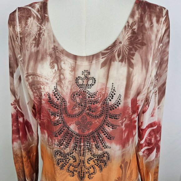 David Cline Mesh Sheer Tie-Dye Rhinestone Embellished Long Sleeve Top P Large - Picture 2 of 9